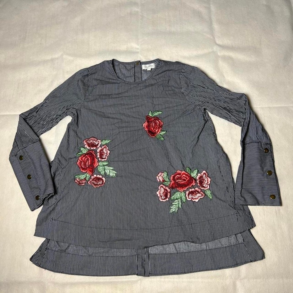 Velzera striped blouse with red & pink floral embroidery
